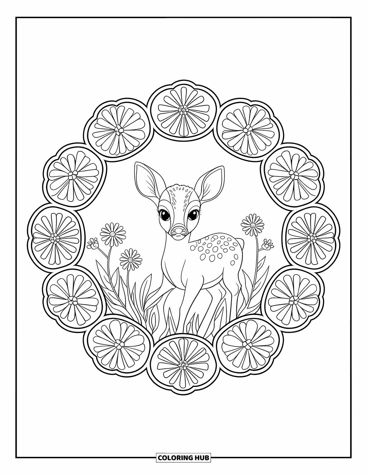 Baby Deer Coloring Page for Adults: A baby deer is surrounded by blooming wildflowers in soft mandala-style layers