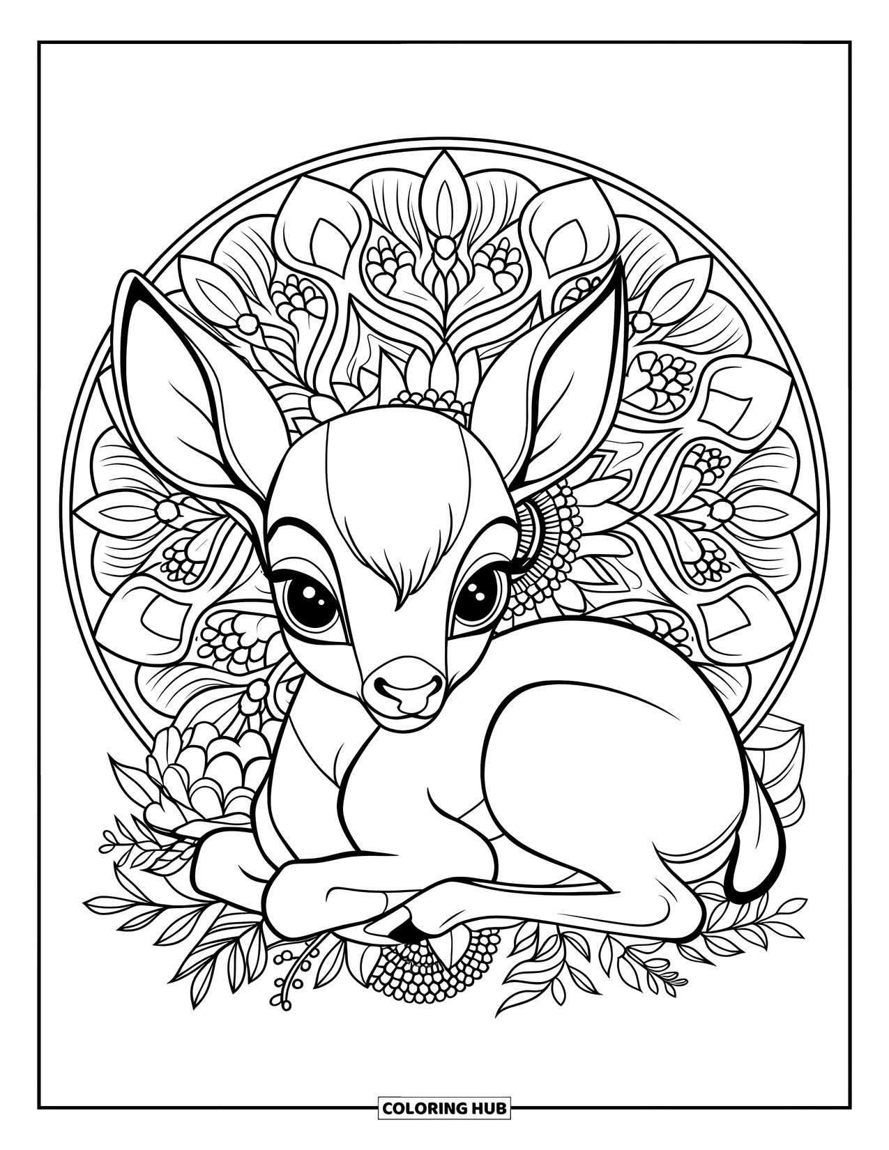Baby Deer Coloring Page for Adults: A baby deer lies on a flower bed, surrounded by a detailed floral mandala