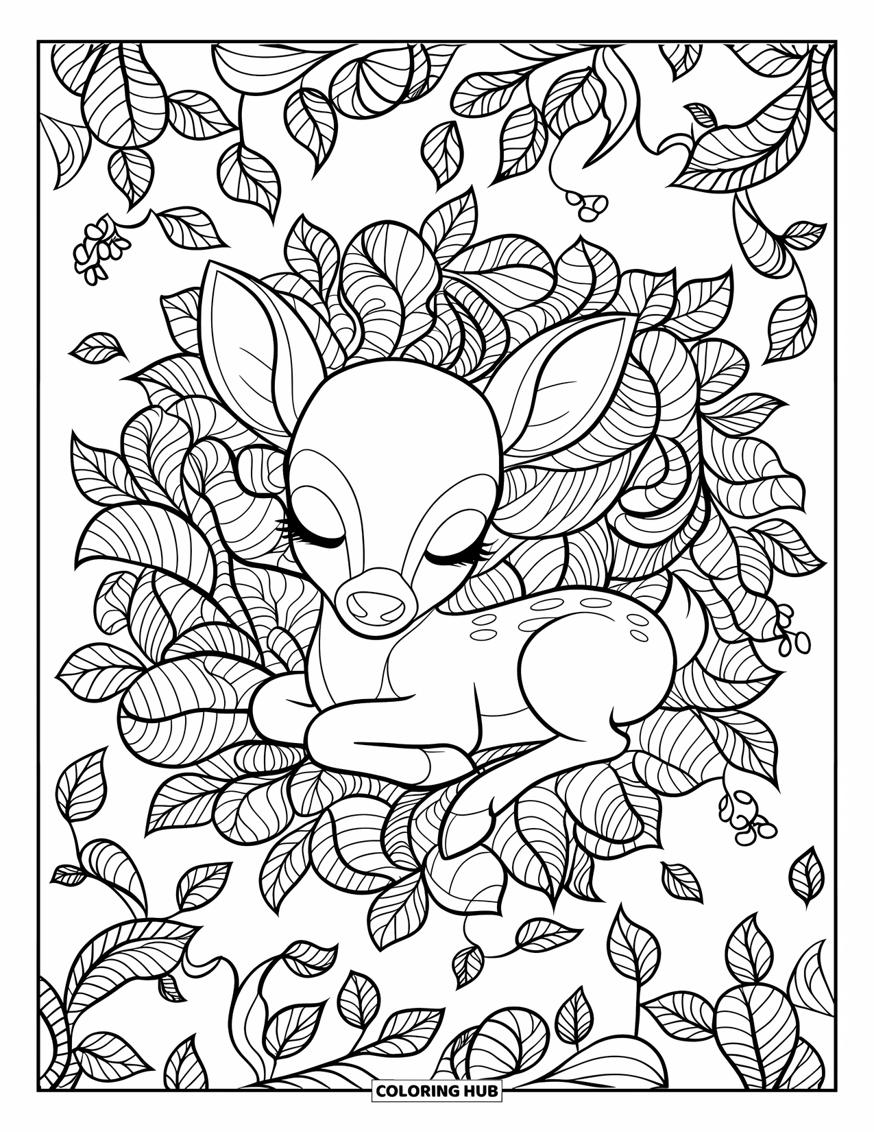 Baby Deer Coloring Page for Adults: A baby deer lies quietly in a swirl of leafy vines and soft forest shapes