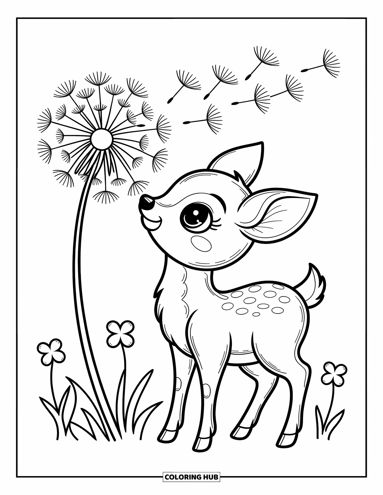 Baby Deer Coloring Page for Adults: A baby deer reaches for a dandelion puff while tiny clovers surround its feet