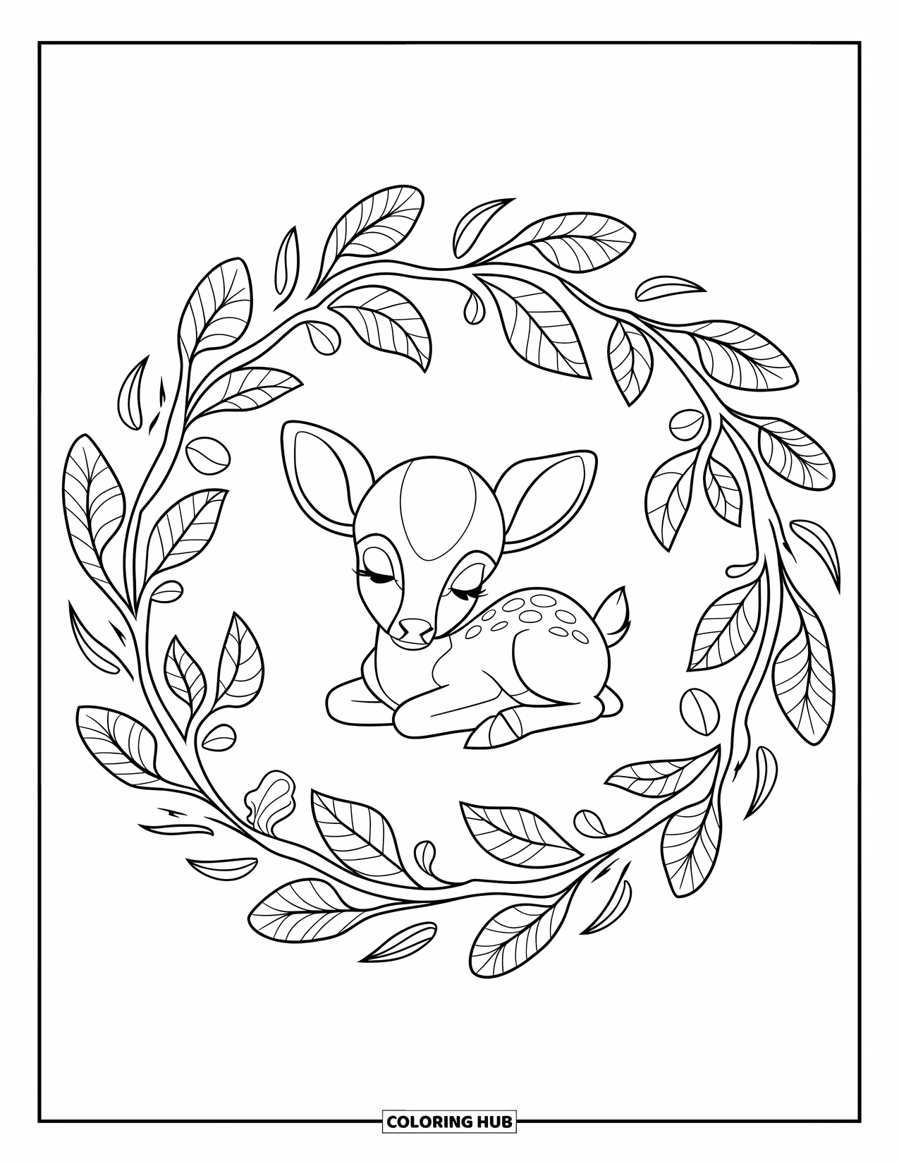 Baby Deer Coloring Page for Adults: A baby deer rests gently among circular patterns of leaves and vines
