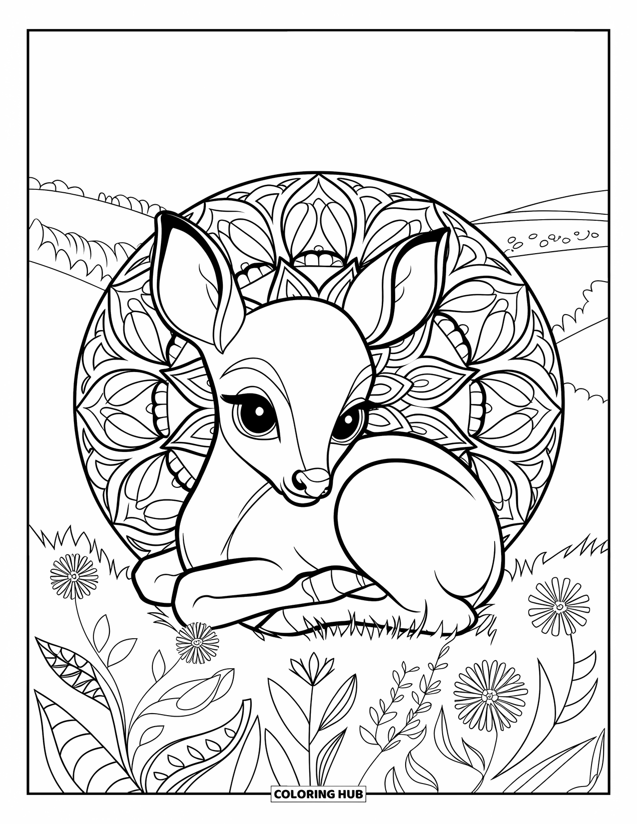 Baby Deer Coloring Page for Adults: A baby deer rests in a meadow surrounded by swirling leaves and floral patterns