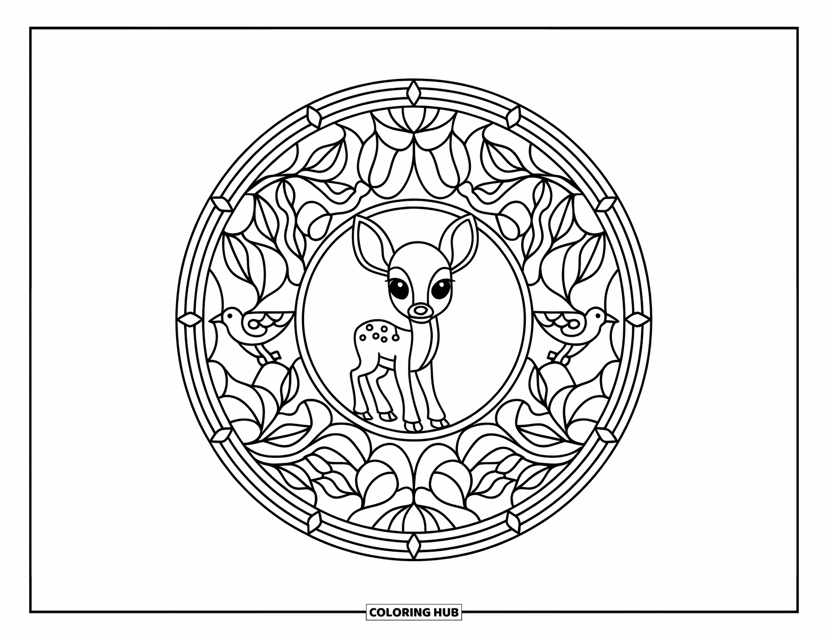Baby Deer Coloring Page for Adults: A baby deer stands in a stained glass circle with birds and leaves all around