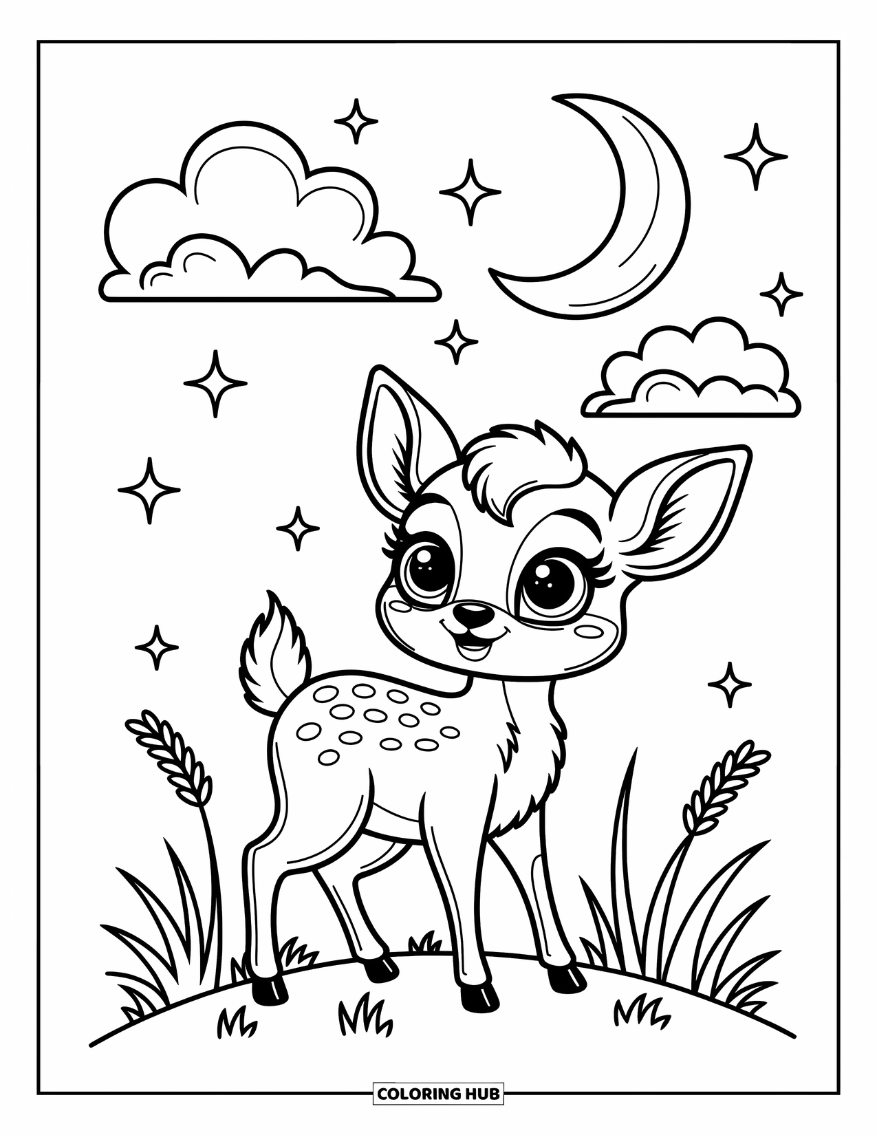 Baby Deer Coloring Page for Adults: A baby deer stands on a hill beneath twinkling stars and soft cloud shapes