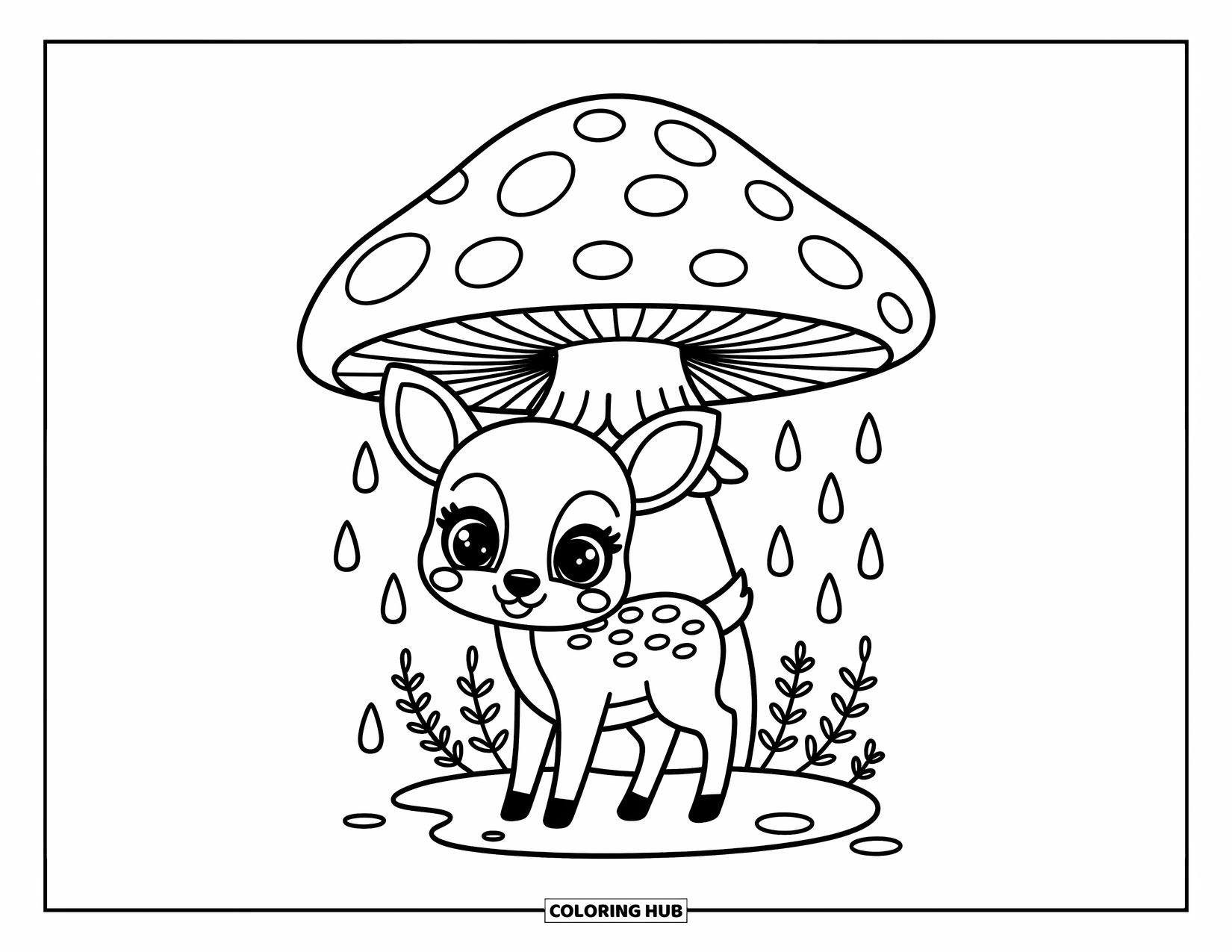 Baby Deer Coloring Page for Adults: A baby deer stands under a spotted toadstool as rain gently falls around it