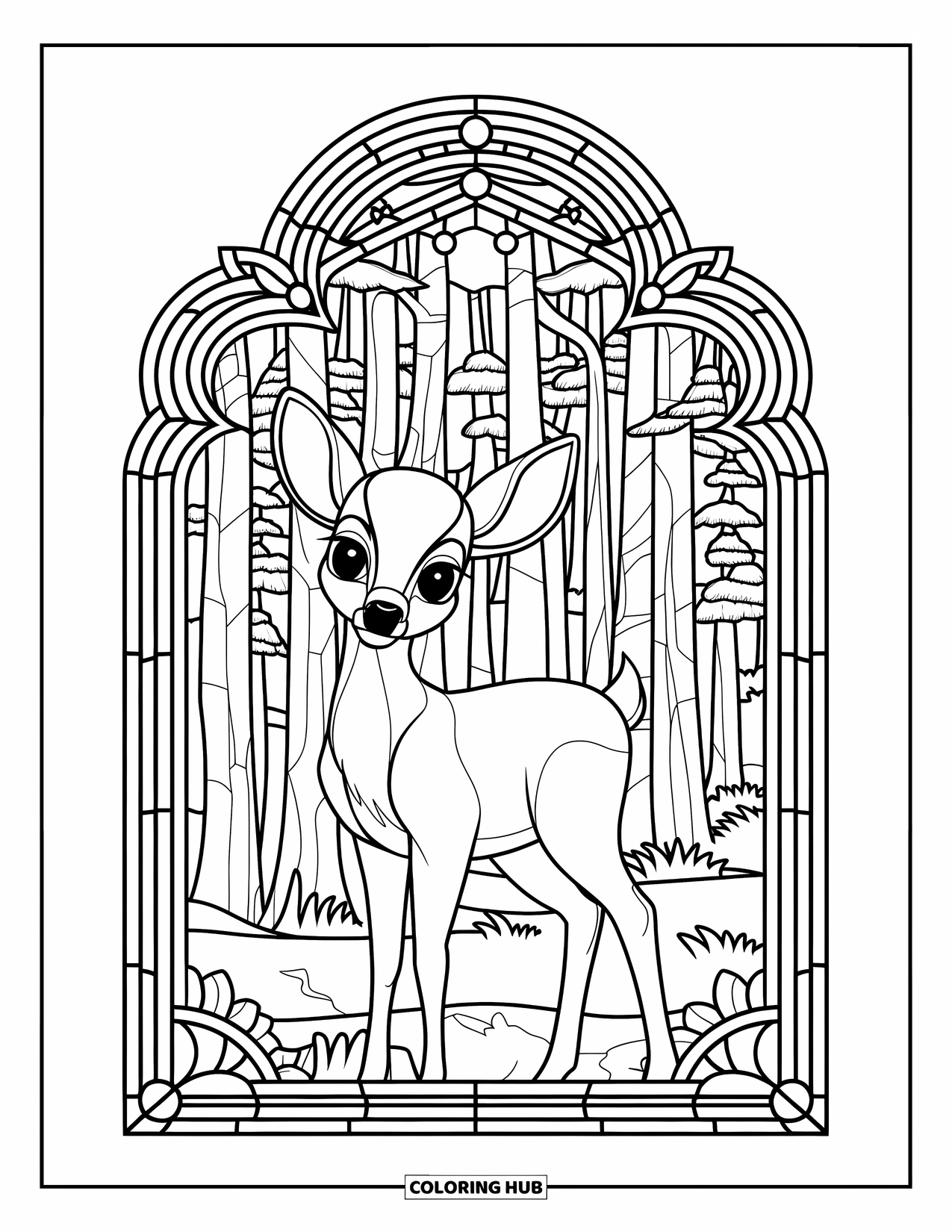 Baby Deer Coloring Page for Adults: A baby deer stands within a stained glass forest window surrounded by tall trees