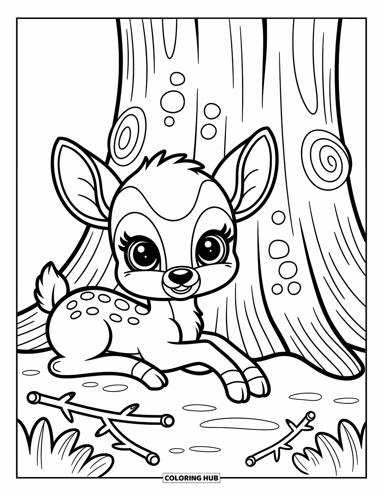 Baby Deer Coloring Page for Adults: A baby deer stretches beside a tree trunk covered in moss and little forest details