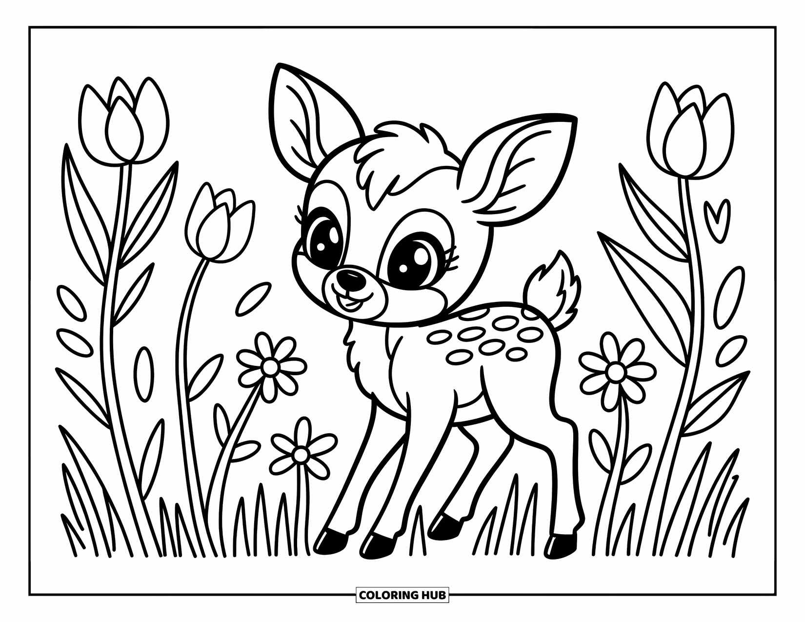 Baby Deer Coloring Page for Adults: A baby deer walks through a meadow filled with giant tulips and daisies