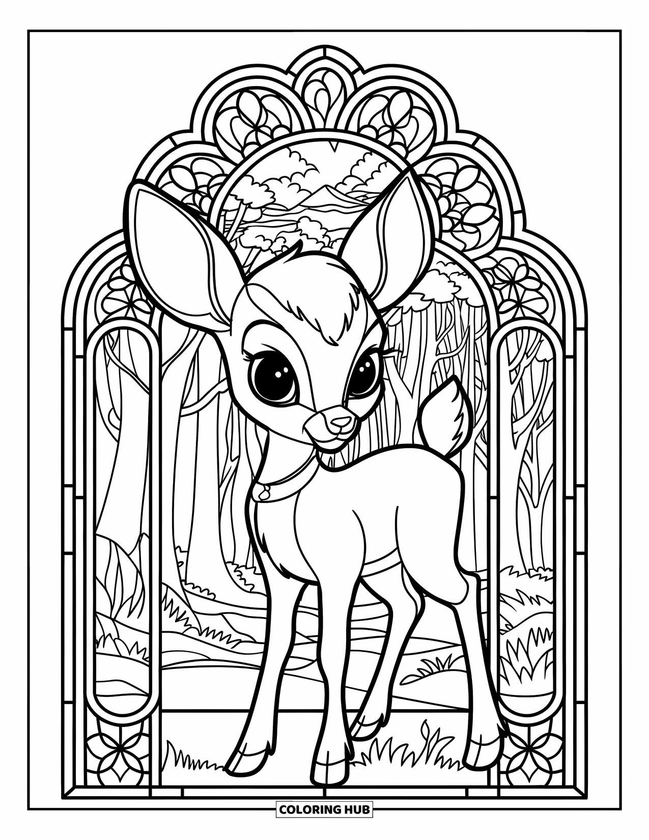 Baby Deer Coloring Page for Adults: A baby deer with big ears stands in a decorative forest-themed stained glass window