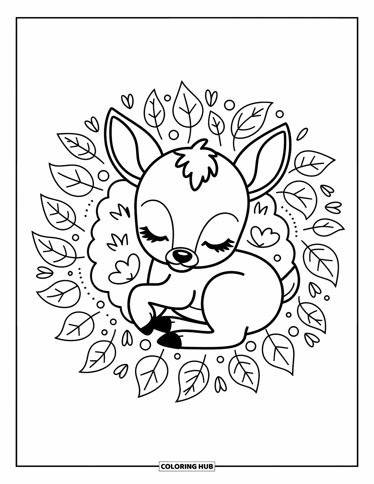 Baby Deer Coloring Page for Adults: A deer curls up in a leafy nest, eyes closed and surrounded by little grasses
