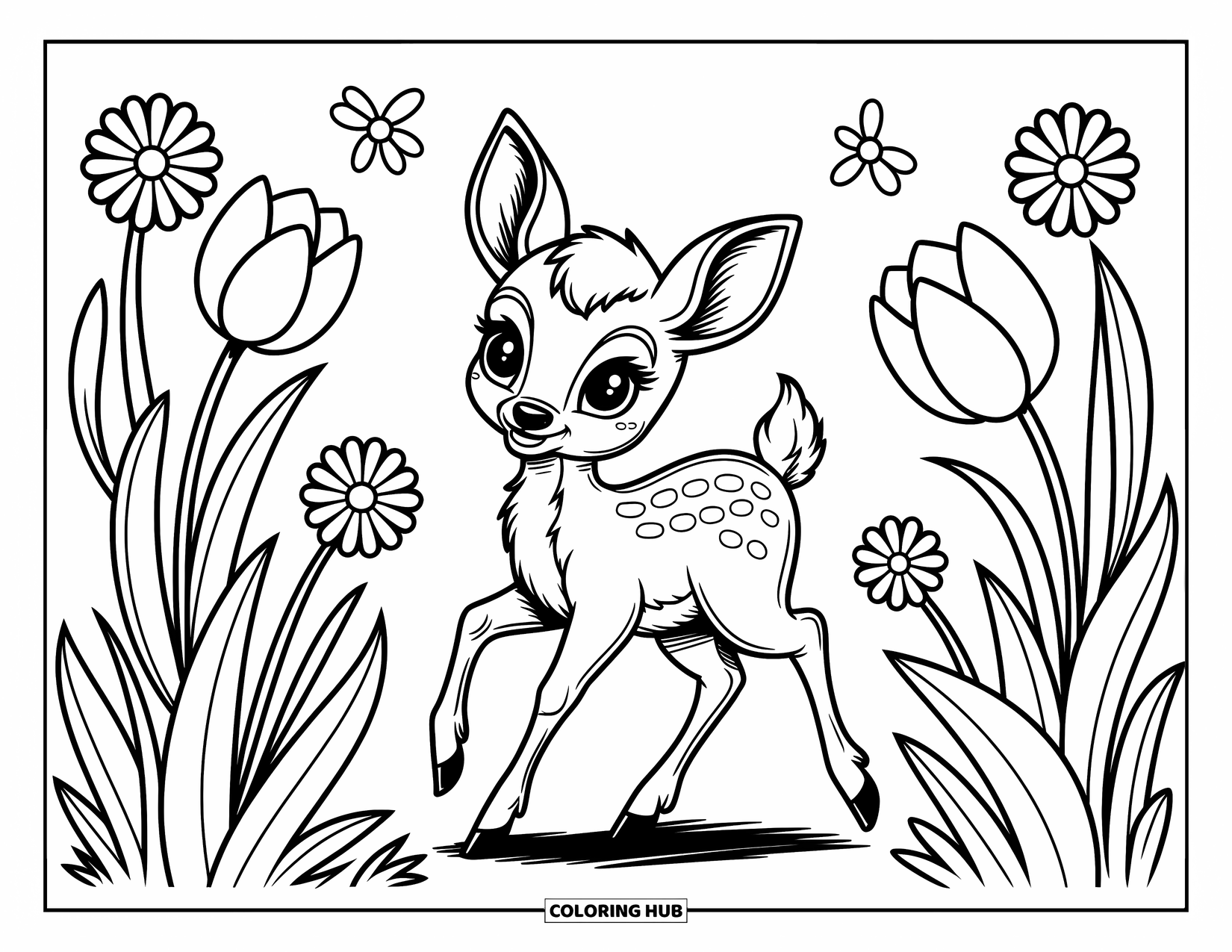 Baby Deer Coloring Page for Adults: A playful deer strolls through towering tulips and daisies with perked-up ears