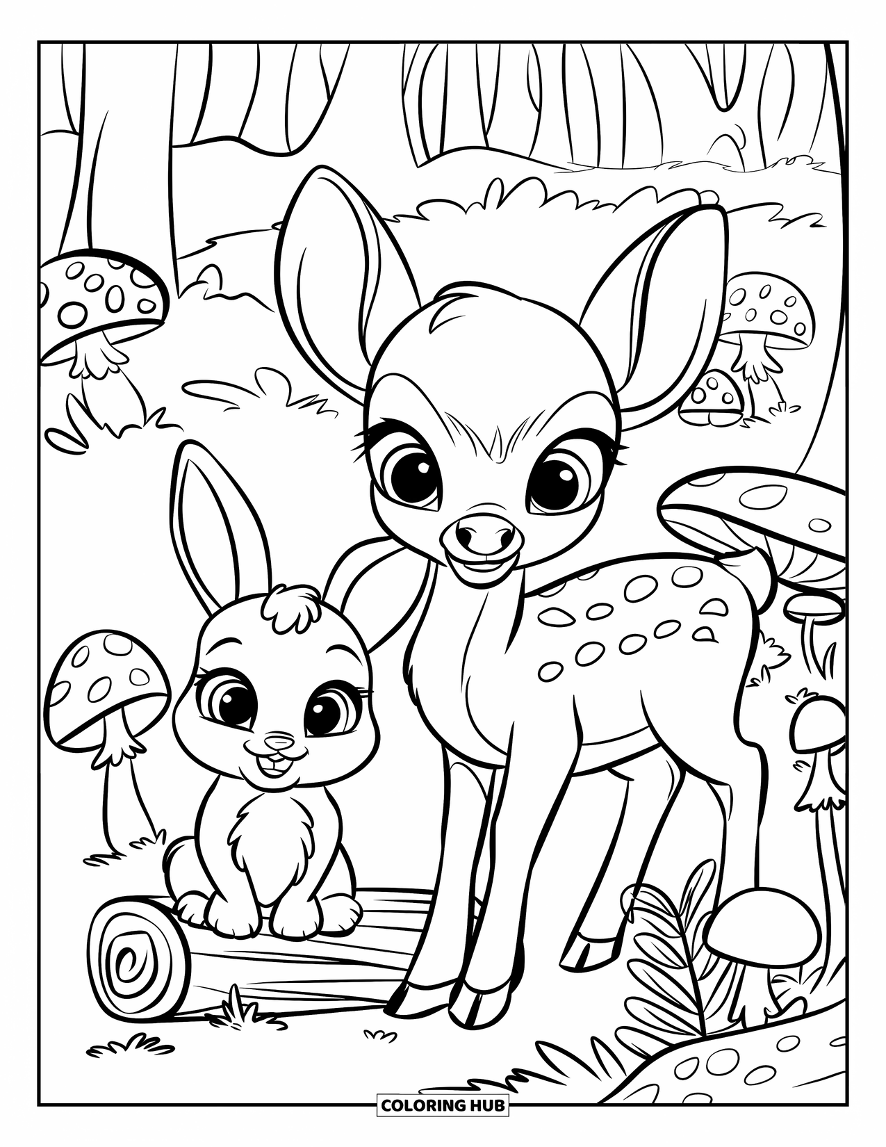 Baby Deer Coloring Page for Kids: A baby deer and bunny sit near mushrooms and ferns in a quiet forest