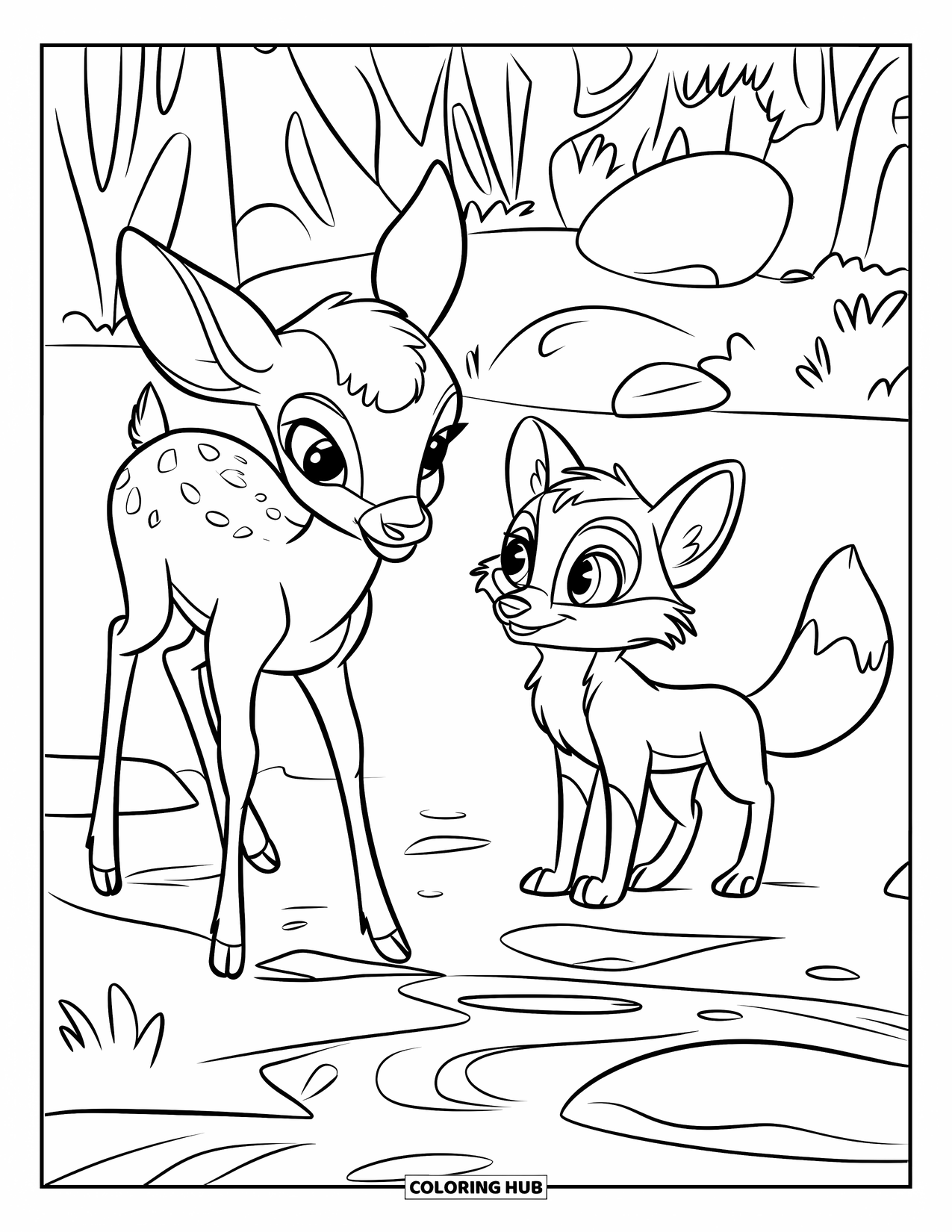 Baby Deer Coloring Page for Kids: A baby deer and curious fox meet near a gently flowing stream