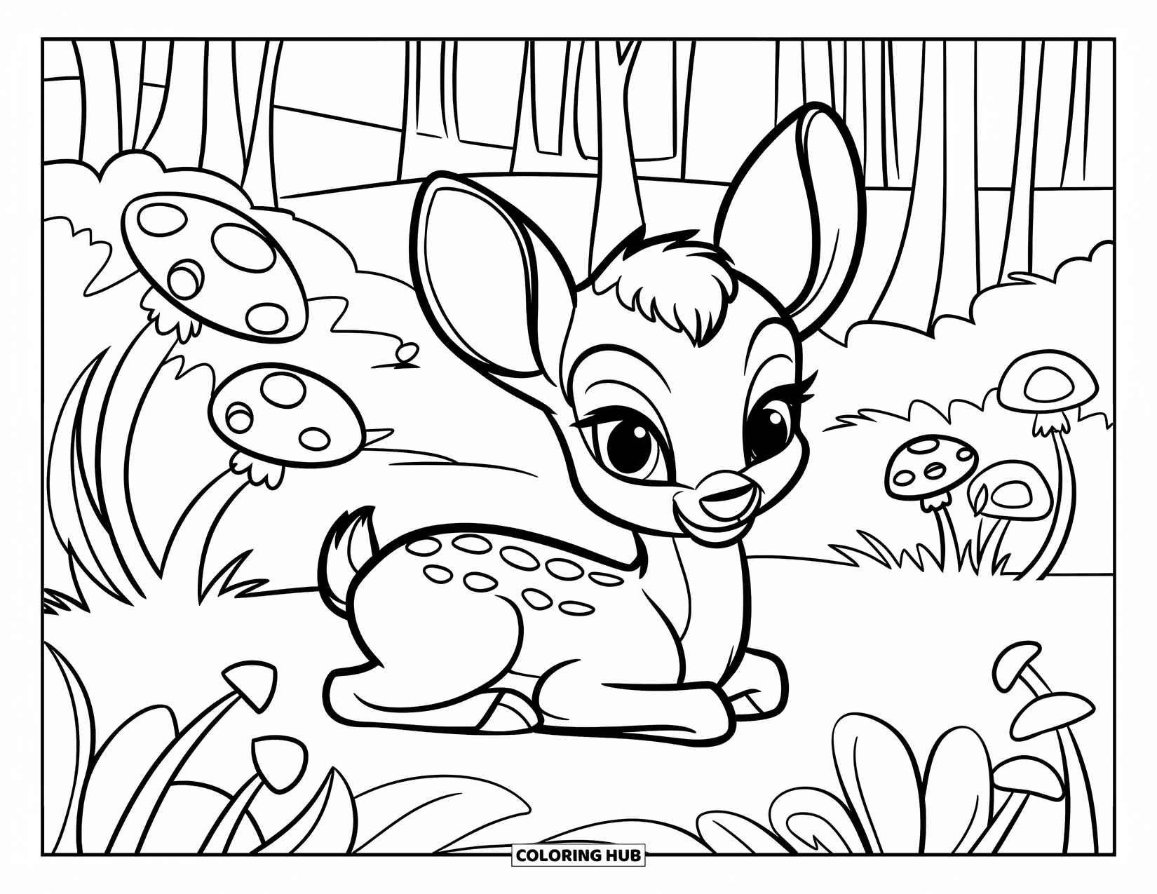 Baby Deer Coloring Page for Kids: A baby deer lies on the grass surrounded by big flowers and mushrooms