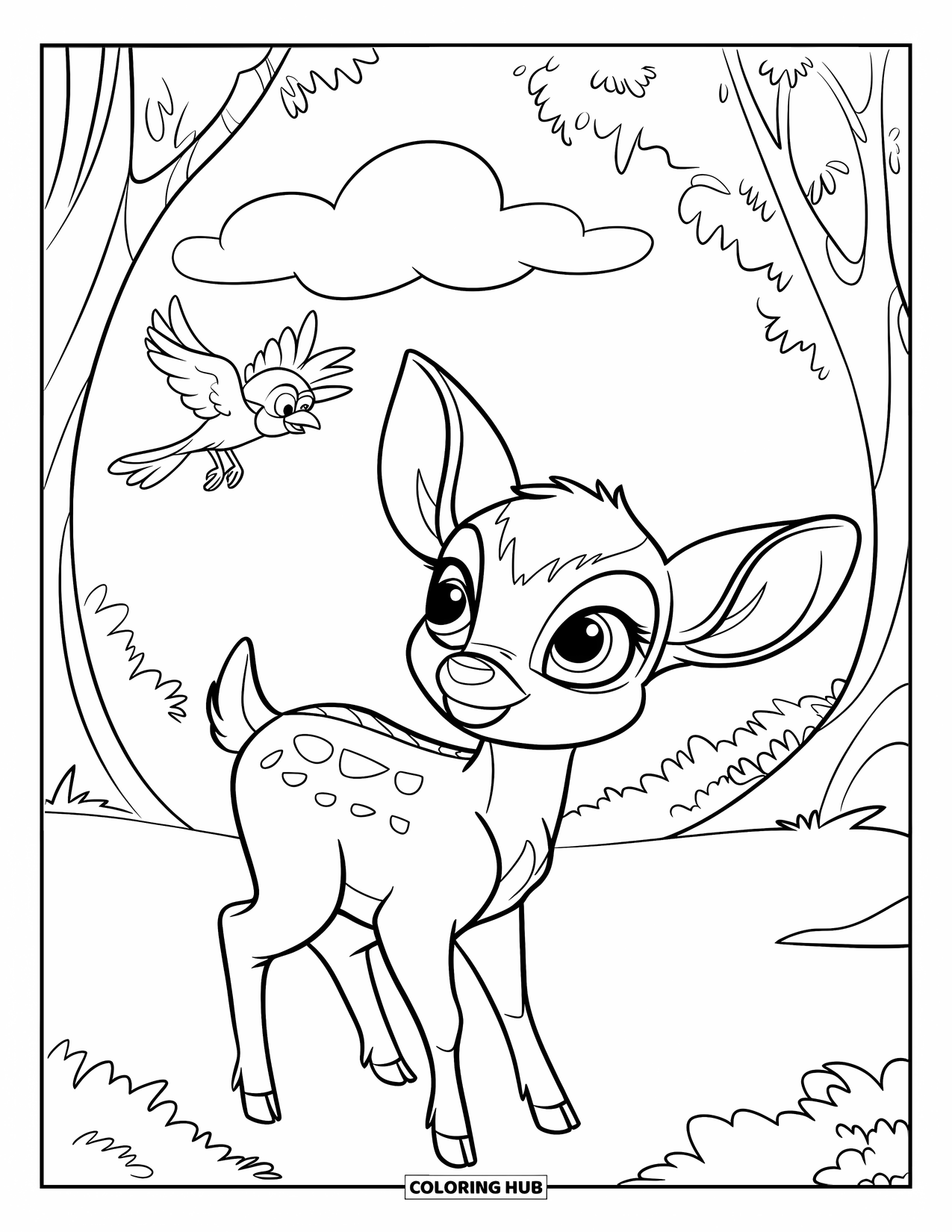 Baby Deer Coloring Page for Kids: A baby deer looks toward a floating cloud and bird in a forest clearing