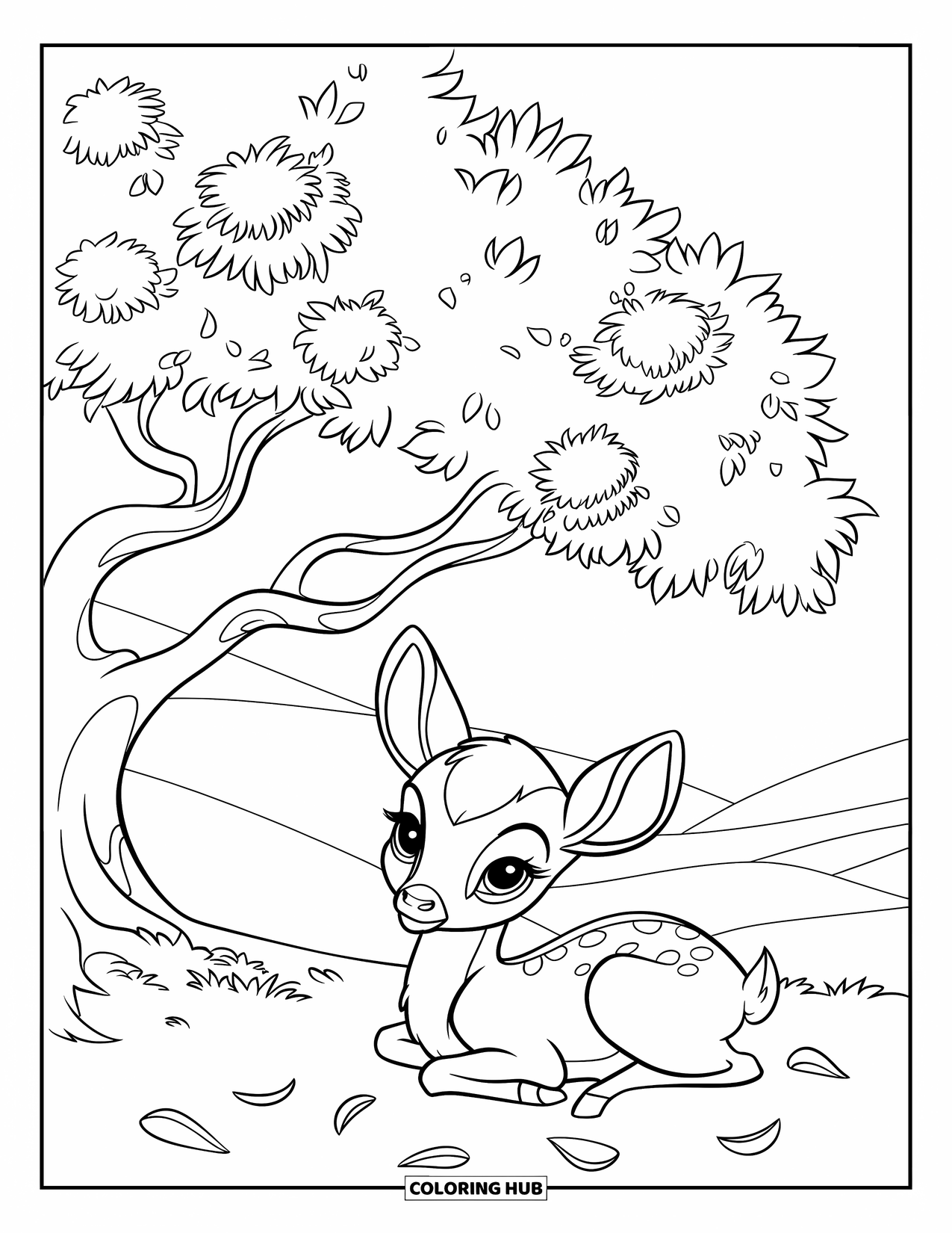 Baby Deer Coloring Page for Kids: A baby deer naps under a blooming tree with petals scattered around