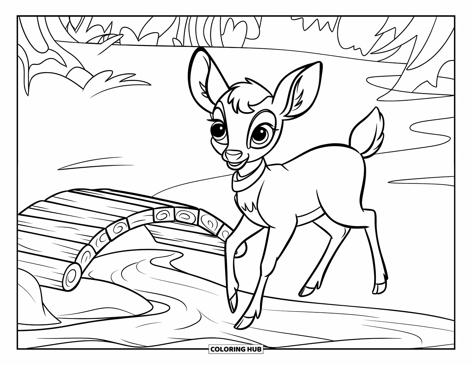 Baby Deer Coloring Page for Kids: A baby deer passes a stream bridge in a peaceful forest setting