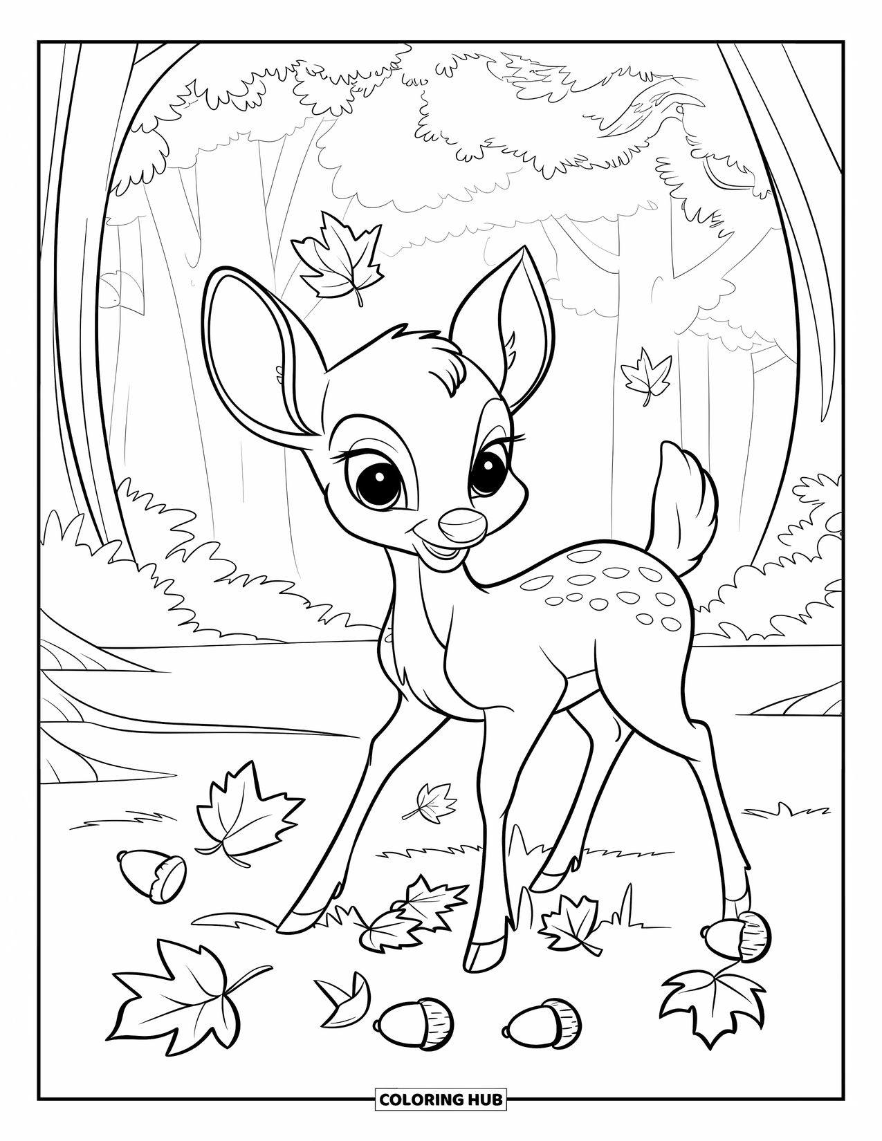Baby Deer Coloring Page for Kids: A baby deer plays in a forest of falling leaves and acorns on soft ground