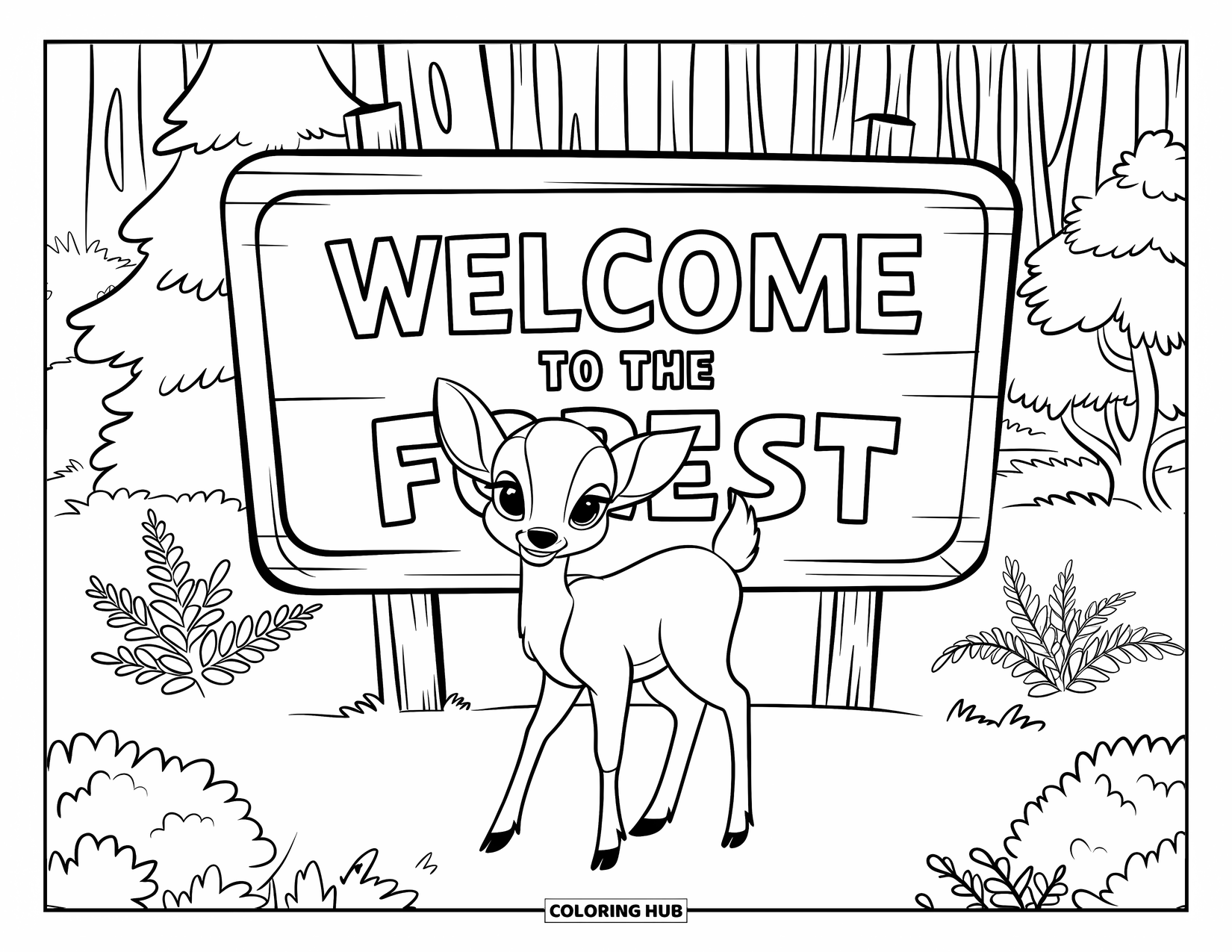 Baby Deer Coloring Page for Kids: A baby deer poses near a sign surrounded by trees and ferns