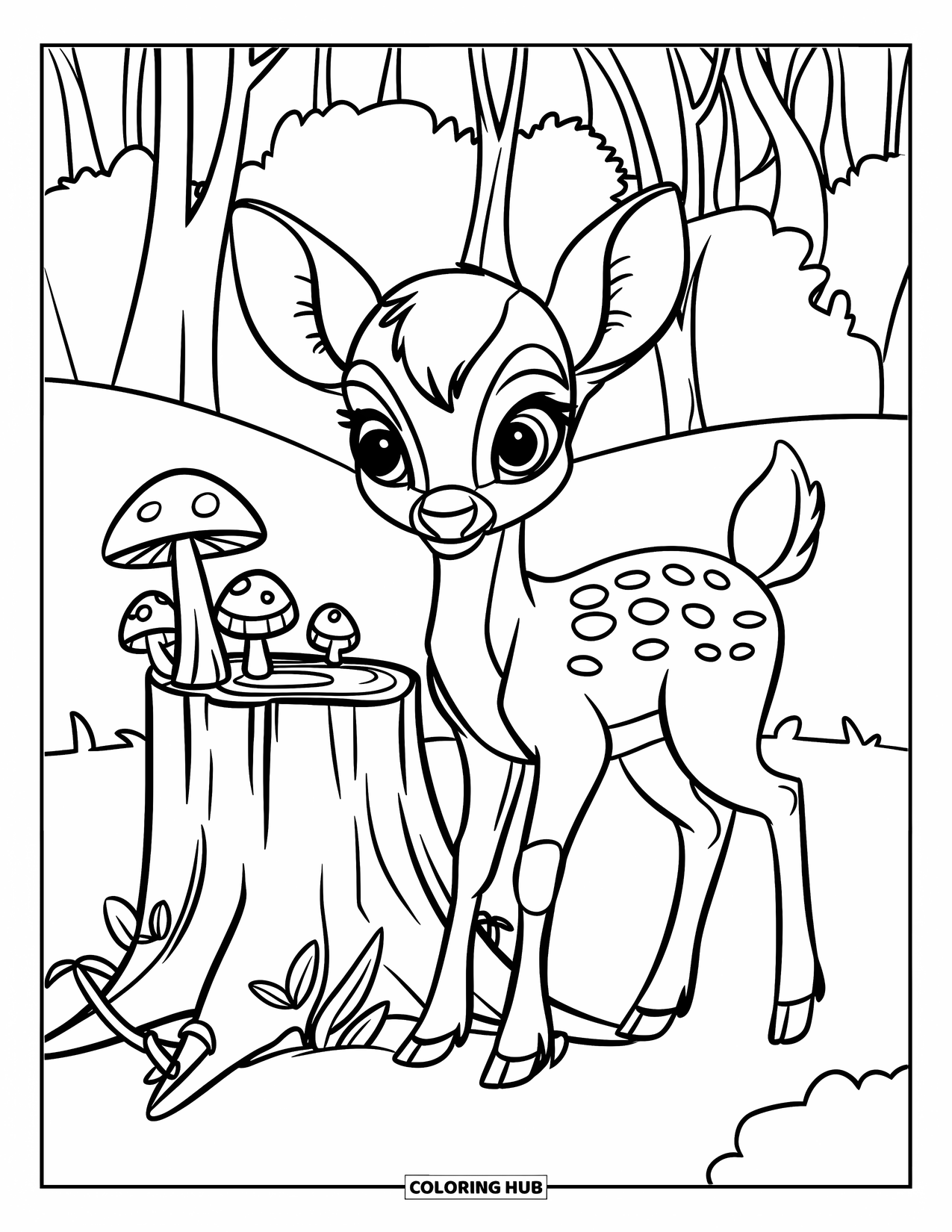 Baby Deer Coloring Page for Kids: A baby deer stands by a vine-covered stump in a quiet forest