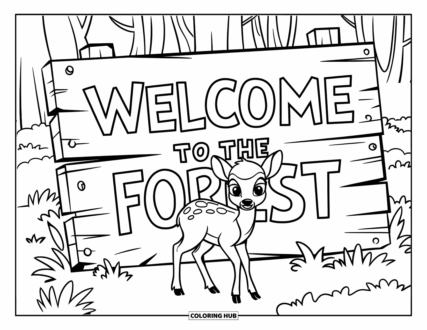Baby Deer Coloring Page for Kids: A baby deer stands by a wooden sign that says "Welcome to the Forest"