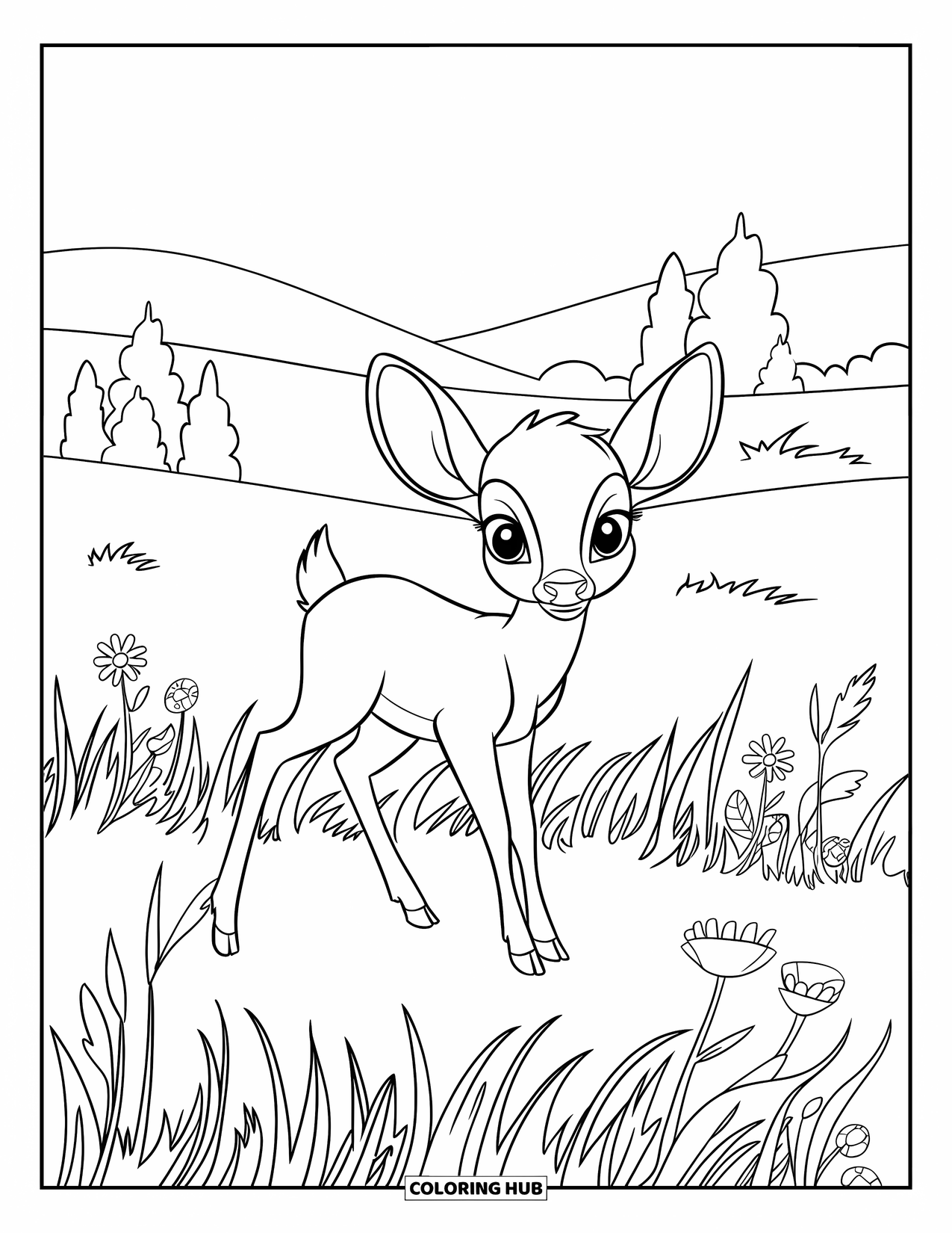 Baby Deer Coloring Page for Kids: A baby deer stands in a wildflower field beneath a peaceful sky