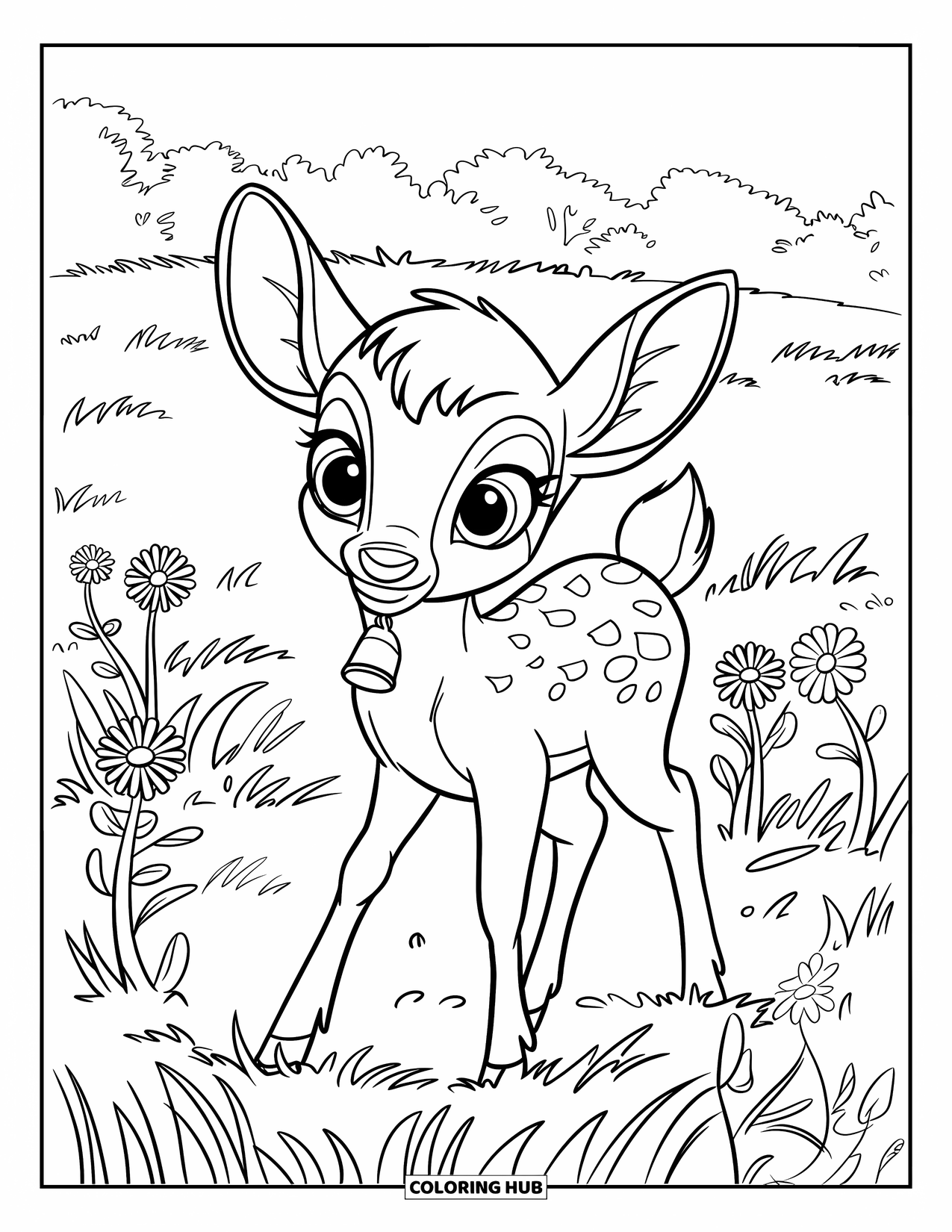 Baby Deer Coloring Page for Kids: A baby deer stands in tall grass with wildflowers and trees in the distance