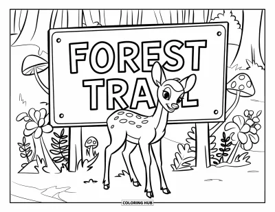 Rådjursmålarbild för barn: Ett rådjursfår står nära en skogsskylt där det står "Forest Trail"
