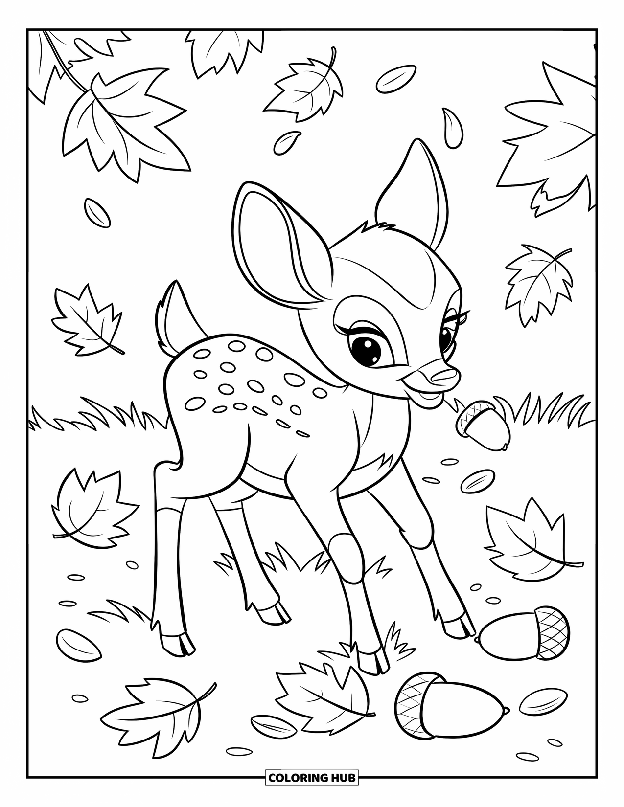 Baby Deer Coloring Page for Kids: A baby deer stands playfully on grass as autumn leaves and acorns fall around it