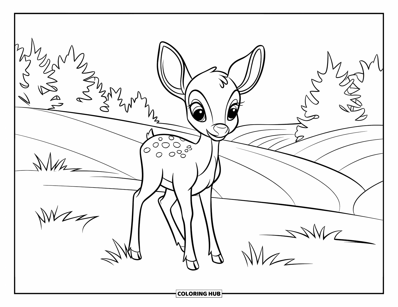 Baby Deer Coloring Page for Kids: A baby deer stands proudly on a grassy hill surrounded by tall pine trees
