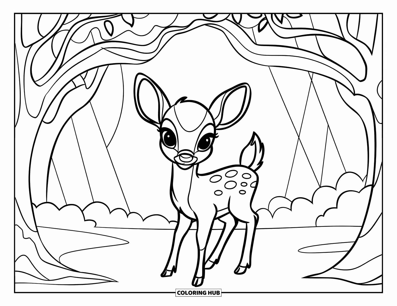 Baby Deer Coloring Page for Kids: A baby deer stands under a tree canopy with sunlight streaming down