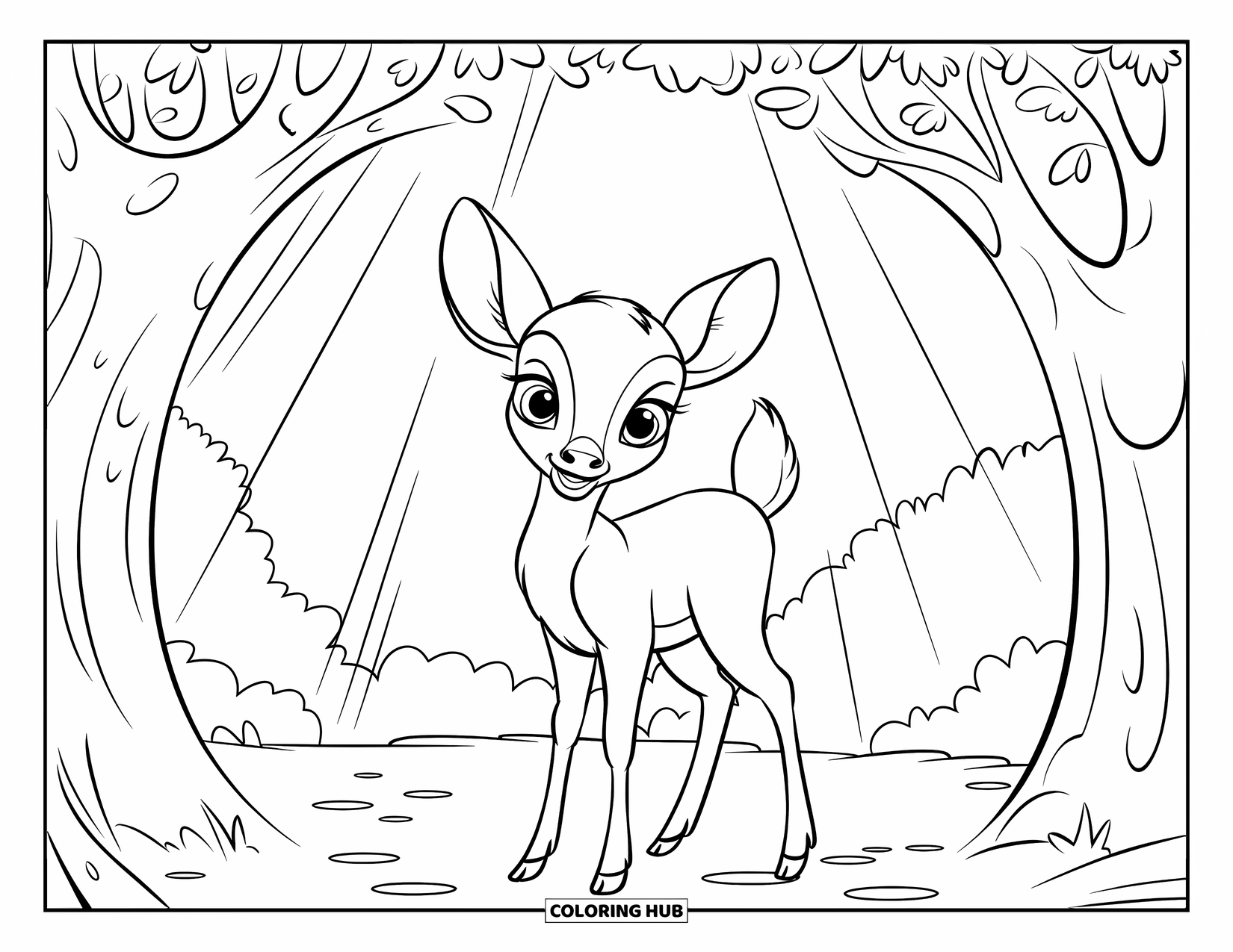 Baby Deer Coloring Page for Kids: A baby deer stands under arched trees with light shining through the branches