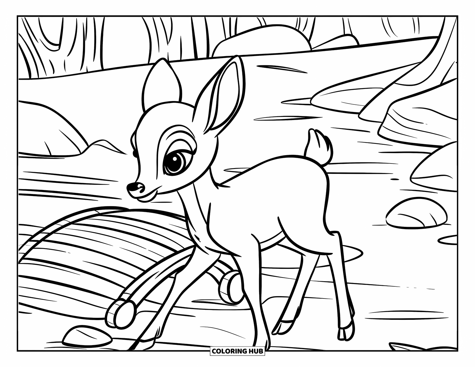 Baby Deer Coloring Page for Kids: A baby deer walks near a log bridge crossing a peaceful forest stream