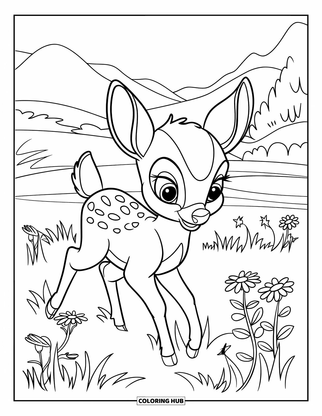 Baby Deer Coloring Page for Kids: A baby deer walks through a wildflower field with trees and mountains behind