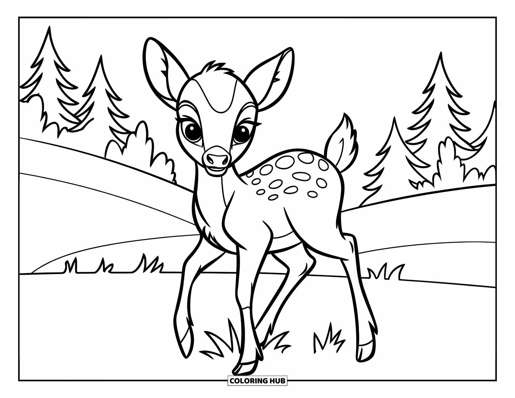 Baby Deer Coloring Page for Kids: A baby deer walks through grassy hills with pine trees in the background