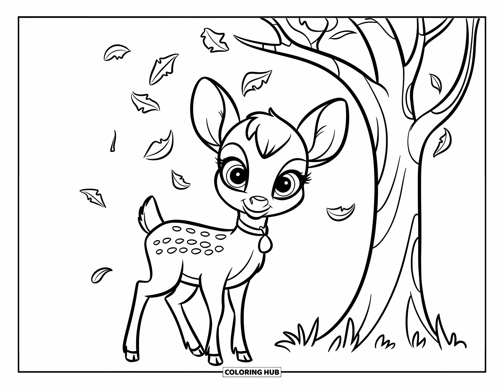 Baby Deer Coloring Page for Kids: A baby deer with a collar stands beside a tree in a quiet grassy field