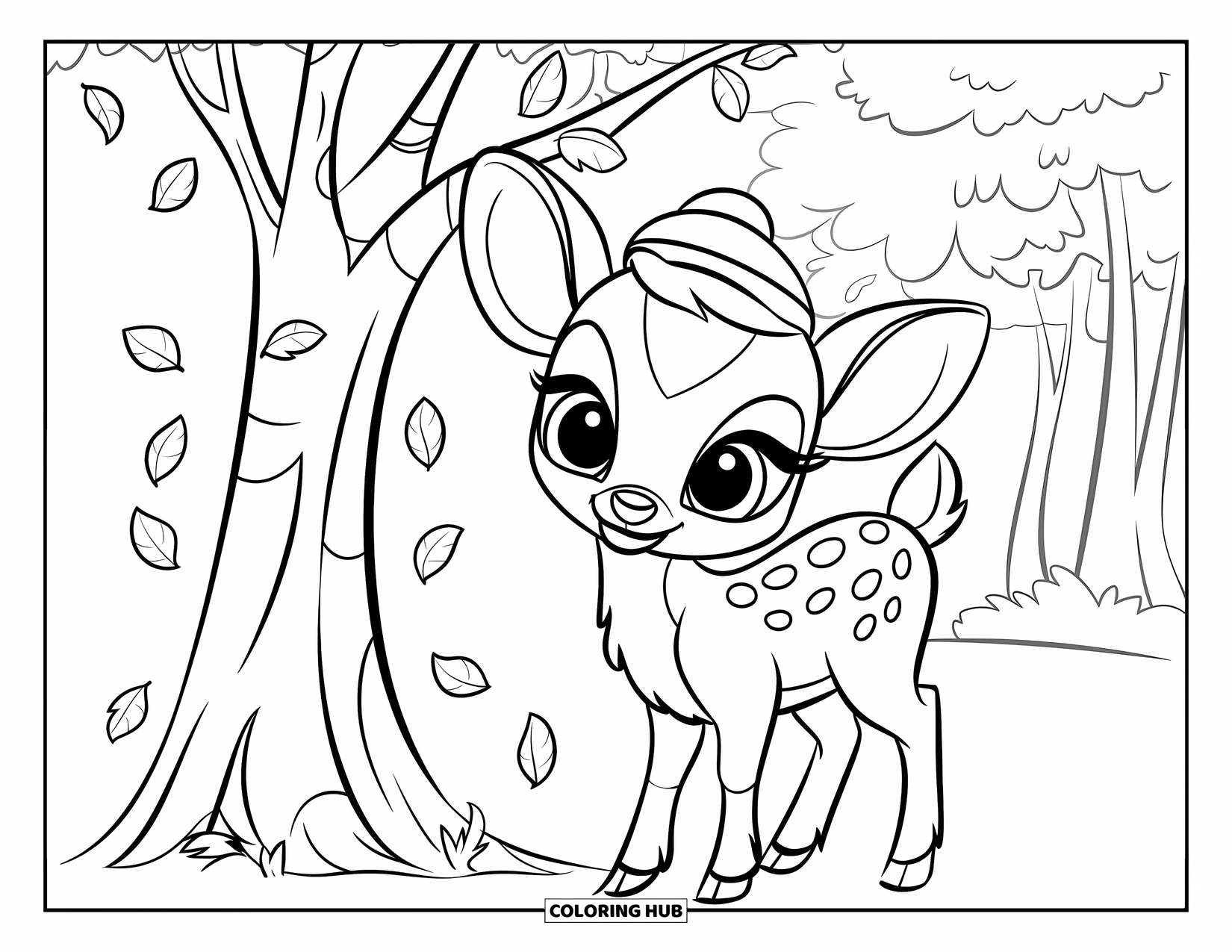 Baby Deer Coloring Page for Kids: A baby deer with a tiny hat stands beside a tree with leaves gently falling