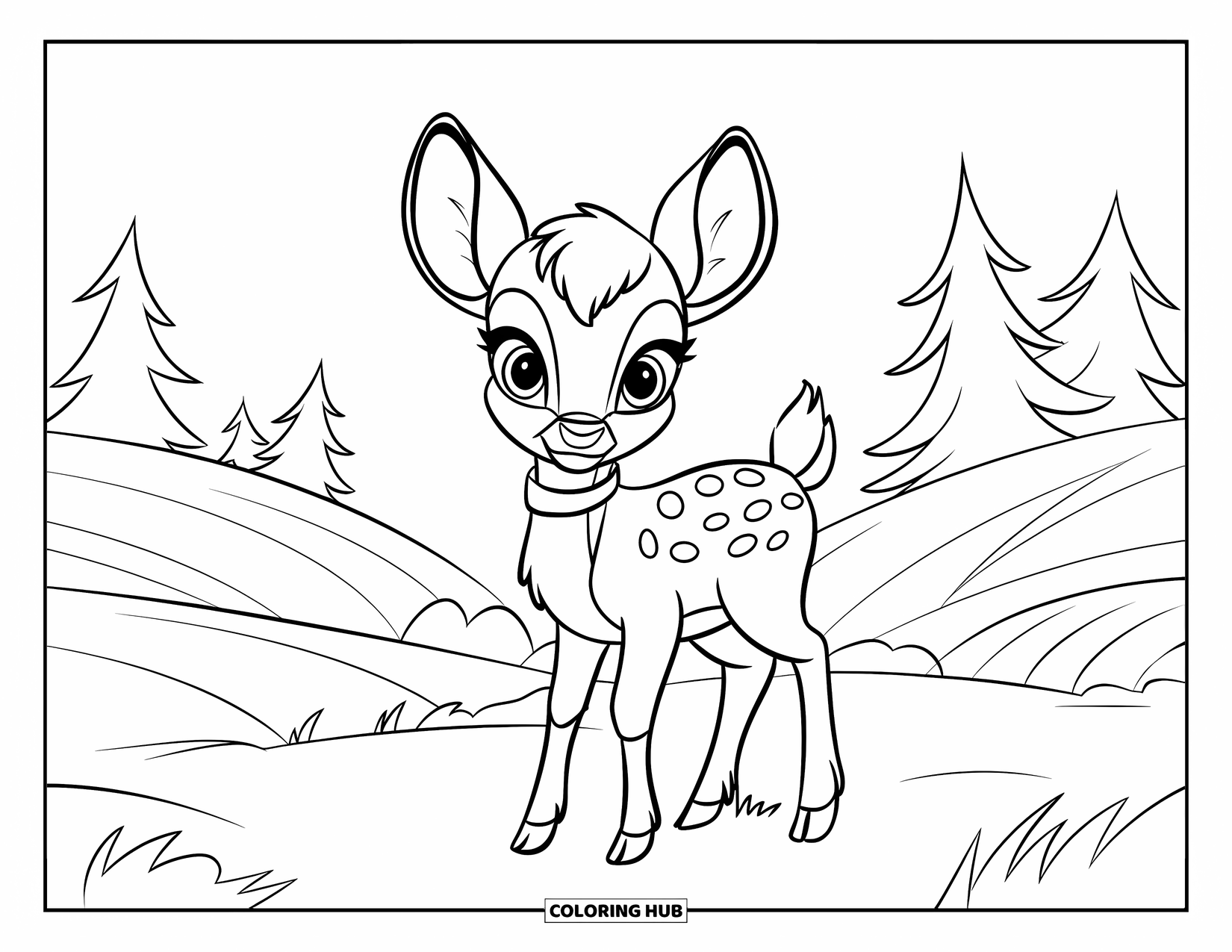 Baby Deer Coloring Page for Kids: A baby deer with big eyes and a collar stands among soft forest hills