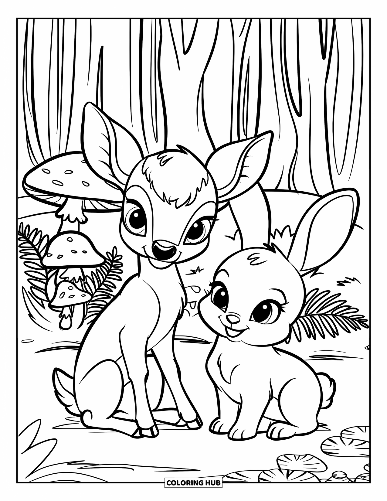 Baby Deer Coloring Page for Kids: A deer and a bunny rest together in a forest near mushrooms and soft ferns
