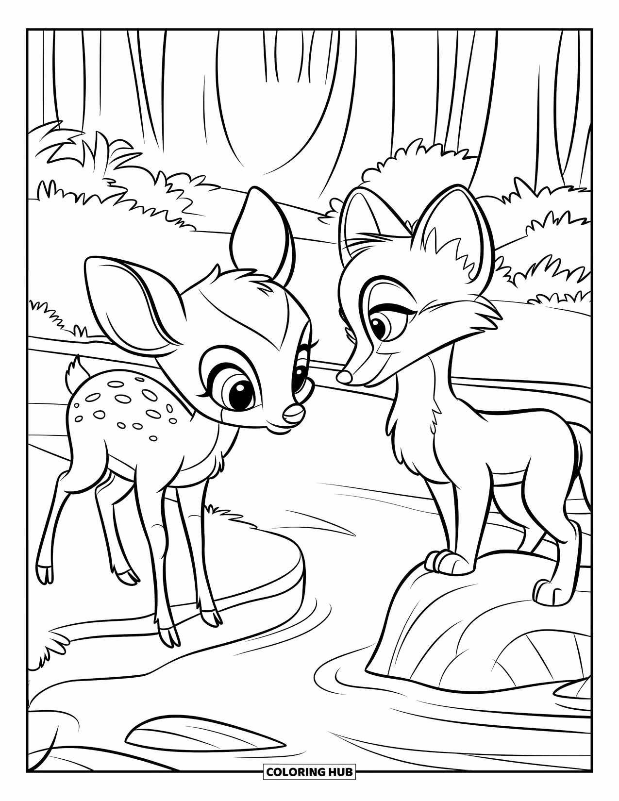 Baby Deer Coloring Page for Kids: A deer and fox share a moment by a forest stream with tall trees around