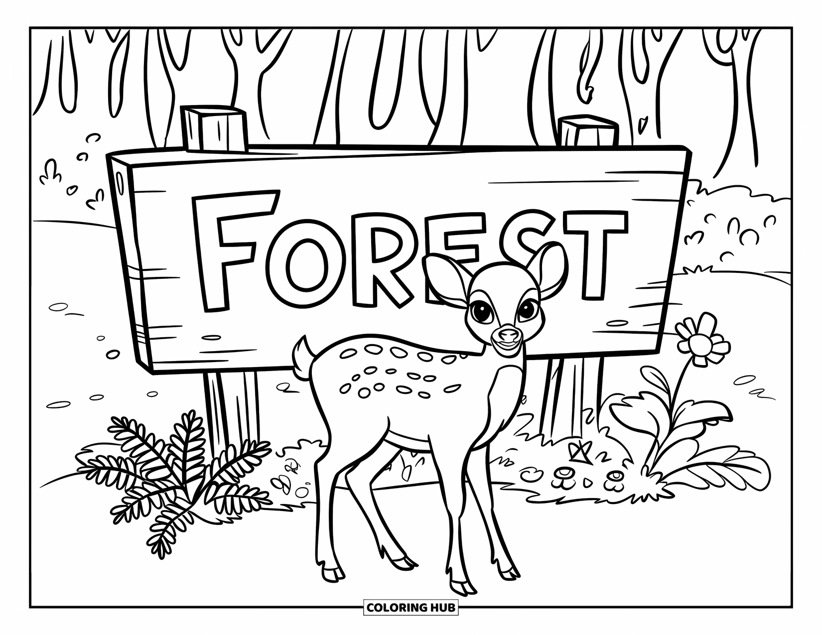 Baby Deer Coloring Page for Kids: A deer stands beside a wooden "Forest" sign with flowers and greenery around