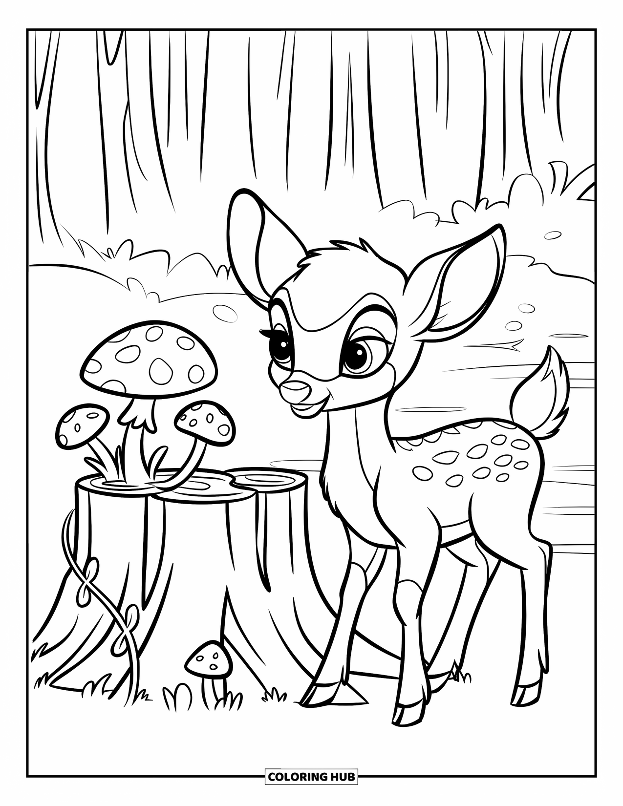 Baby Deer Coloring Page for Kids: A deer stands near a stump with mushrooms, vines, and forest trees all around