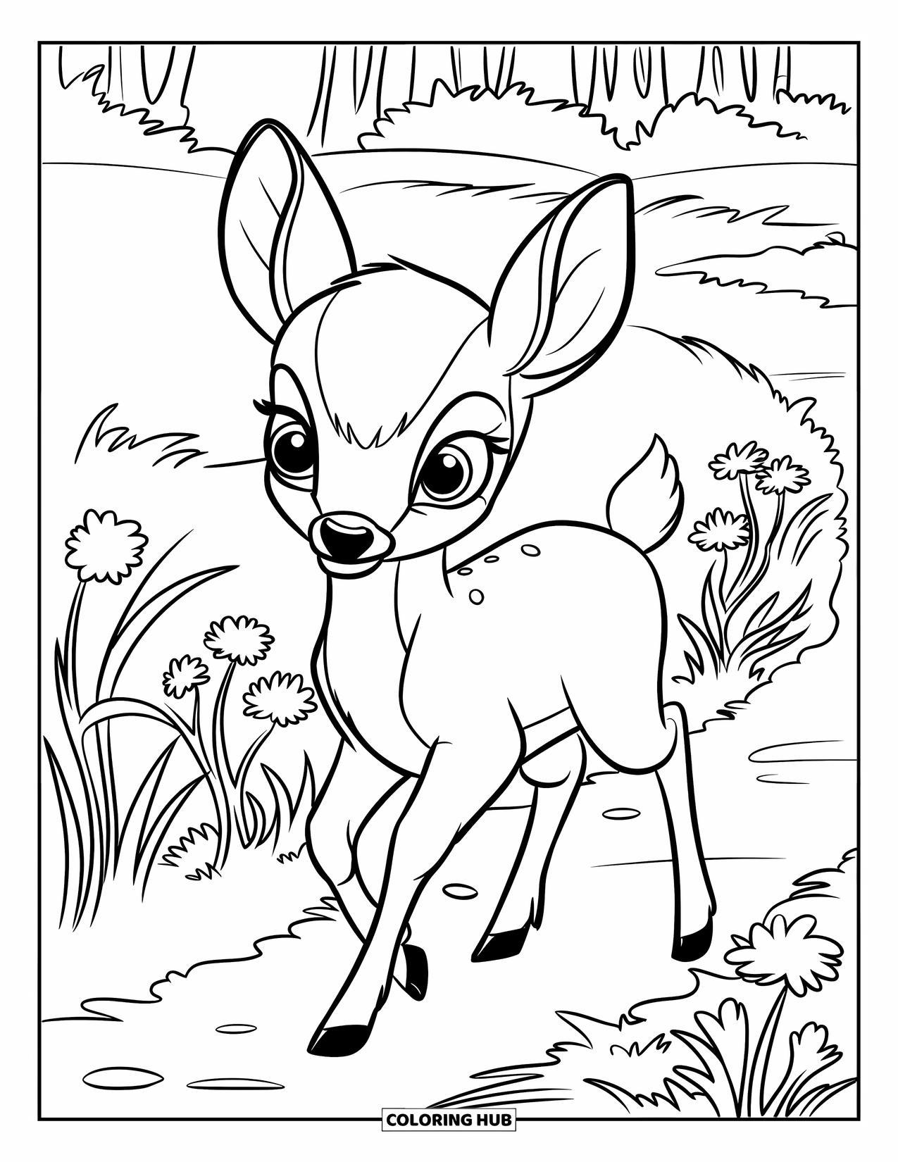 Baby Deer Coloring Page for Kids: A deer walks along a path through a meadow of grass and yellow flowers