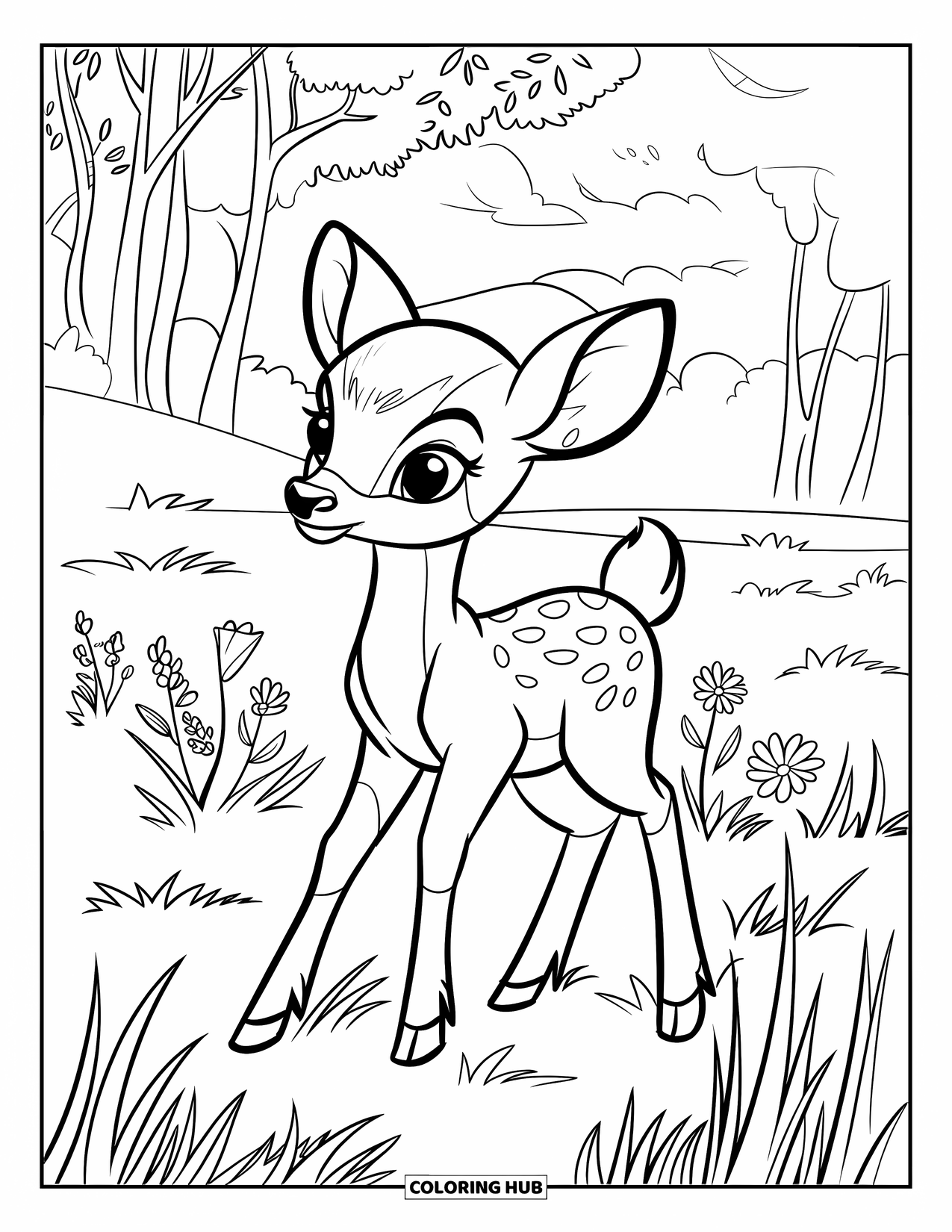 Baby Deer Coloring Page for Kids: A deer with a white spot gazes left in a field of flowers and grass