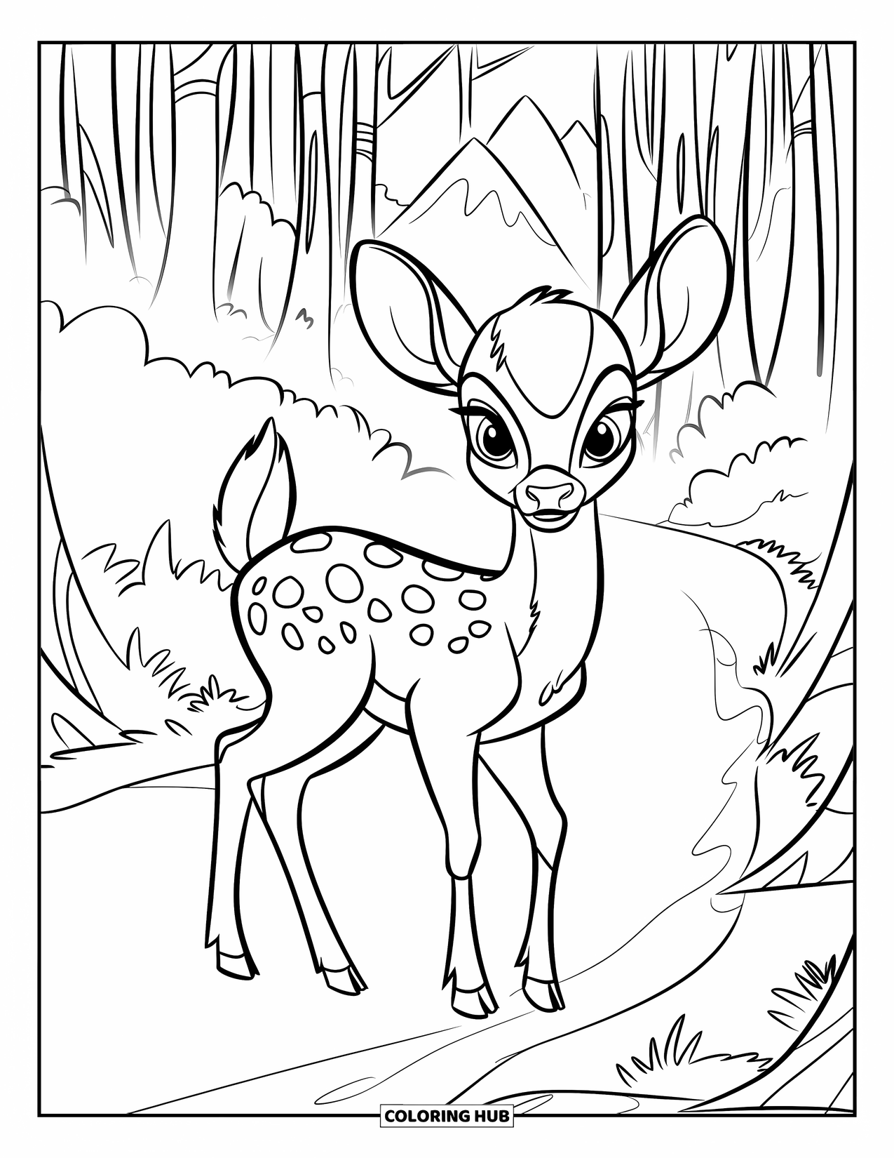 Baby Deer Coloring Page for Kids: A deer with white spots stands near tall trees on a foggy forest path
