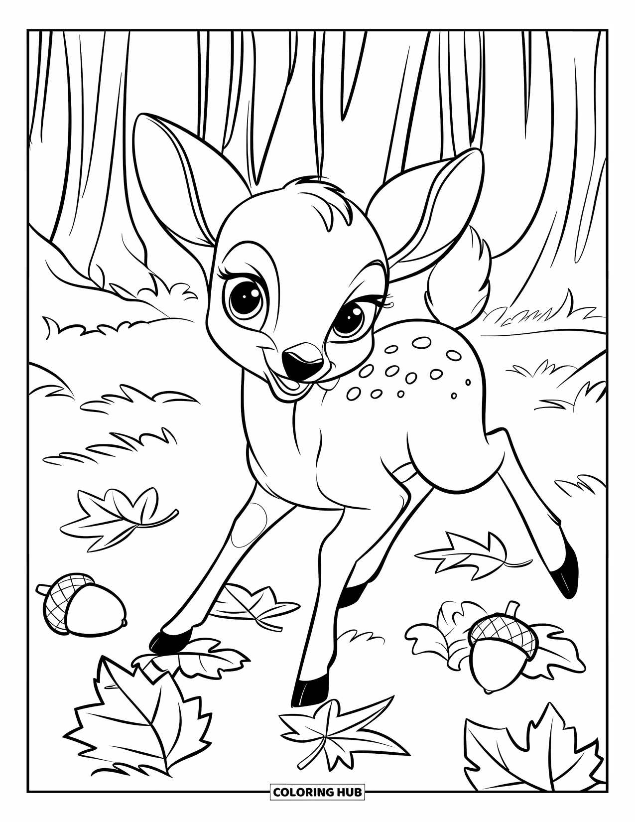 Baby Deer Coloring Page for Kids: A playful baby deer stands in the grass with falling leaves and scattered acorns