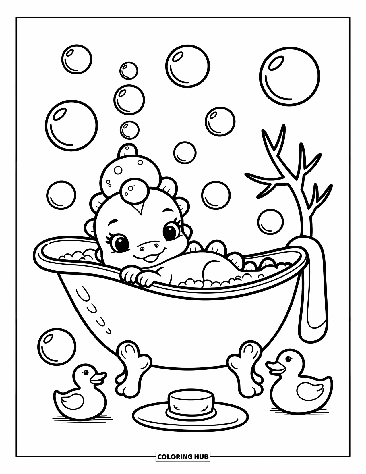 Baby Dinosaur Coloring Page for Adults: A baby dinosaur enjoys bubble time in a giant leaf tub with a rubber duck