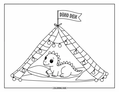 Tegning af babydinosaurer til voksne: En babydinosaurer slapper af inde i en tæppefæstning oplyst af lyskæder og hyggelig stemning