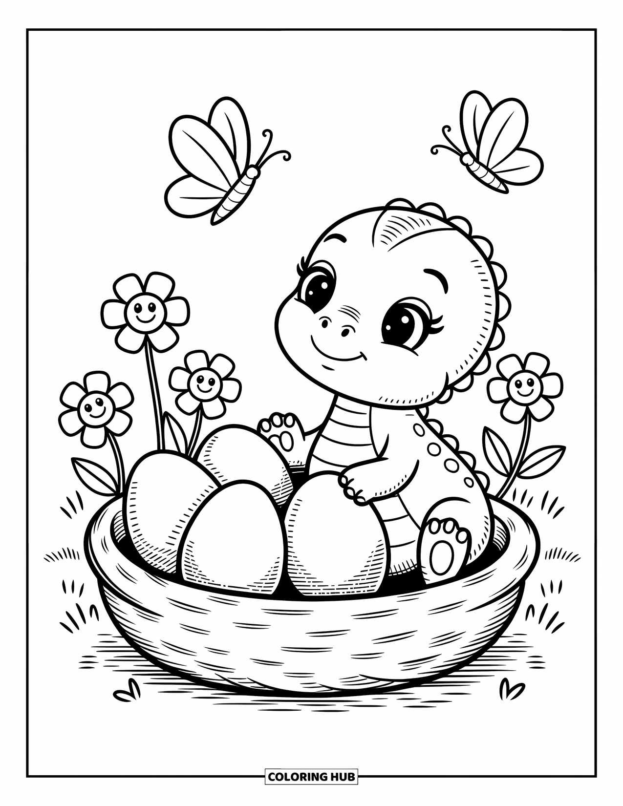 Baby Dinosaur Coloring Page for Adults: A baby dinosaur sits by a nest, curiously watching the unhatched eggs