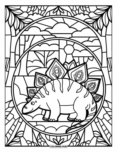 Tegning af babydinosaurer til voksne: En baby-stegosaurus er gemt i centrum af et junglemotiv i blyglassstil